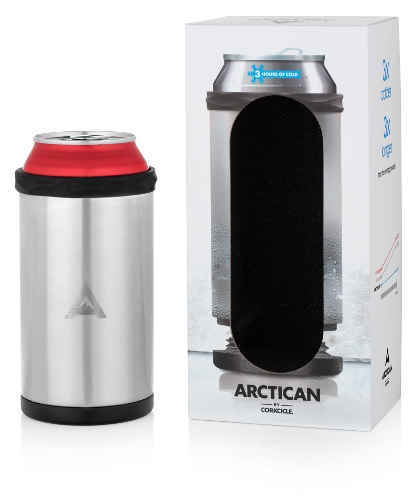 Corkcicle Arctican silver next to packaging with can