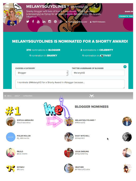 Nominate Melanysguydlines for a shorty award in blogger 