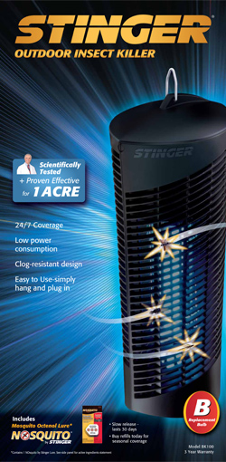 white UV light, the Stinger Insect Zapper 5-in-1 Mosquito Kill System uses black UV light technology to kill up to 40% more mosquitoes and flying insects.